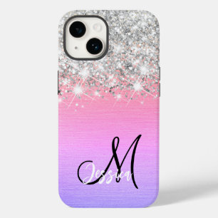 Rosa Lila Brushed Metall Silver Glitter Monogram