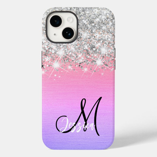 Rosa Lila Brushed Metall Silver Glitter Monogram (Baksida)