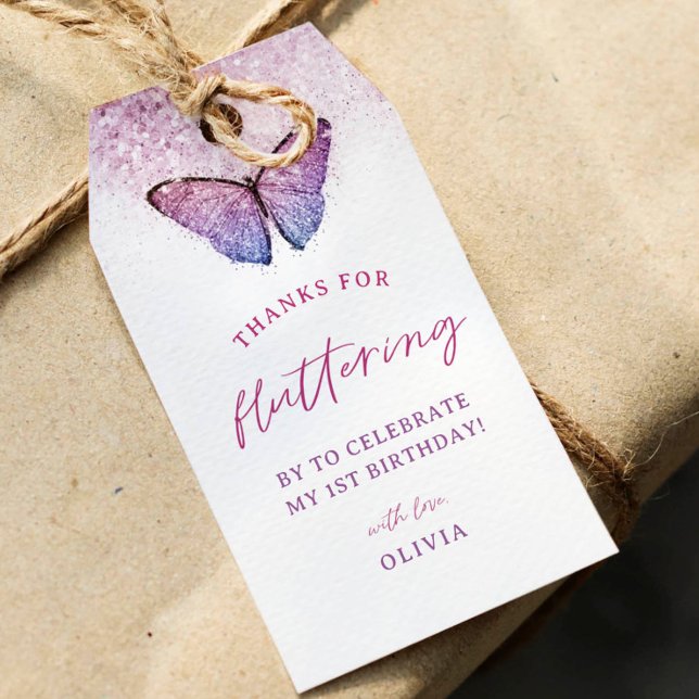 Rosa Lila Butterfly 1:a födelsedag favör Presentetikett (Skapare uppladdad)