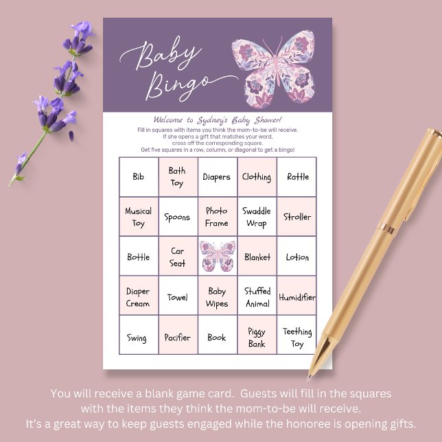 Rosa Lila Butterfly Baby Bingo-spelkort (Shown at 5.5" x 8.5" size)