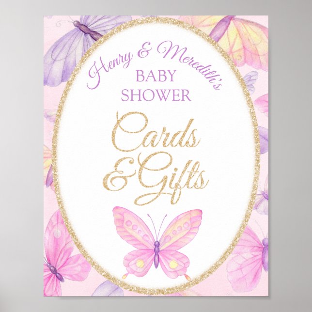 Rosa Lila Butterfly Baby Shower Cards and Gifts Poster (Framsidan)