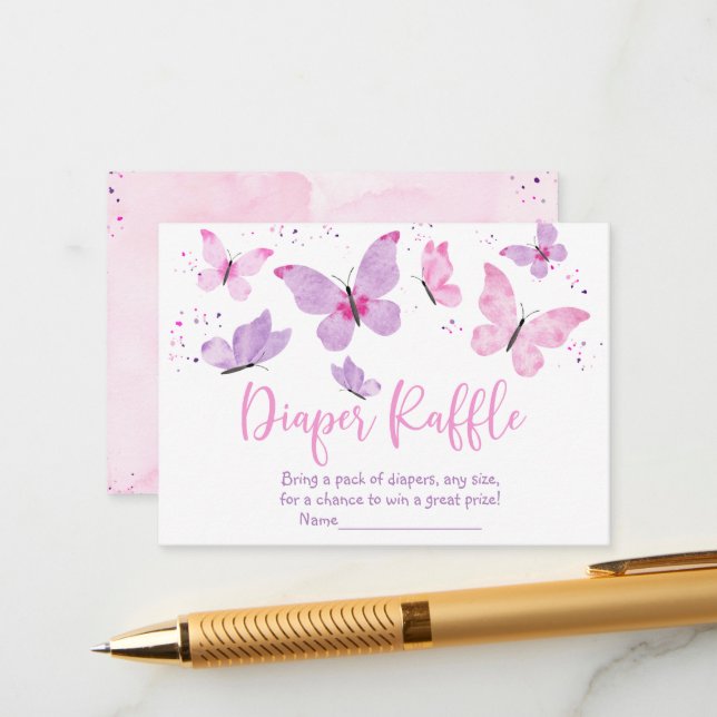 Rosa Lila Butterfly Baby Shower Diaper Raffle Tilläggskort (Fram/Back In Situ)