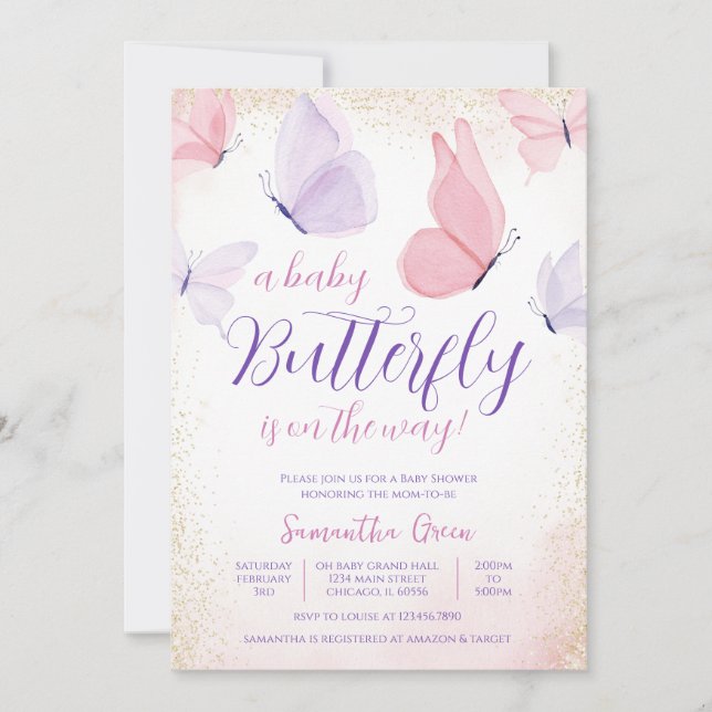 Rosa Lila Butterfly Baby Shower Inbjudningar (Framsida)