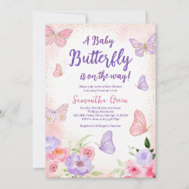 Rosa Lila Butterfly Baby Shower Inbjudningar