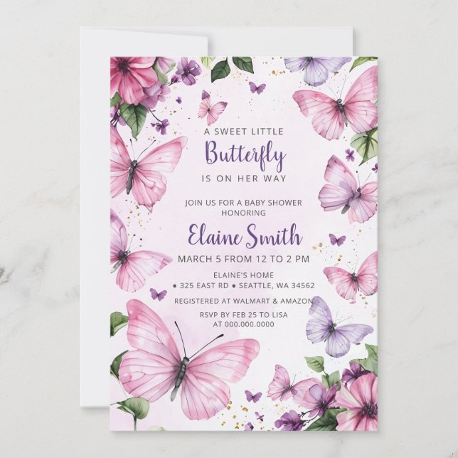 Rosa Lila Butterfly Baby Shower Inbjudningar (Framsida)