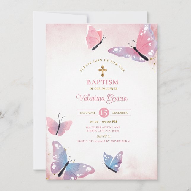 Rosa Lila Butterfly Baptism Guld Kor Flowers Inbjudningar (Framsida)