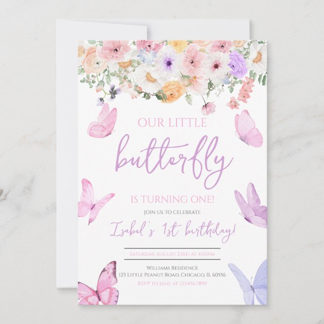 Rosa Lila Butterfly Birthday Inbjudningar (Framsida)