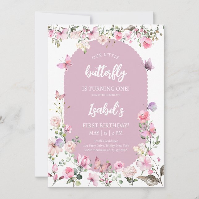 Rosa Lila Butterfly Birthday Inbjudningar (Framsida)