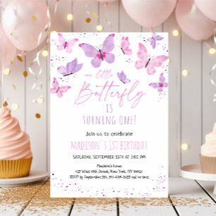 Rosa Lila Butterfly Birthday Inbjudningar