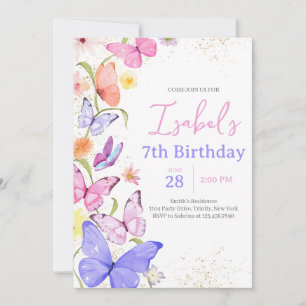 Rosa Lila Butterfly Birthday Inbjudningar