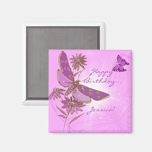 Rosa Lila Butterfly Birthday Magnet (Front/Back)