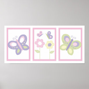 Rosa Lila Butterfly Flower Nursery Wall Art Poster