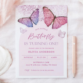 Rosa Lila Butterfly Girl 1st Birthday Party Inbjudningar