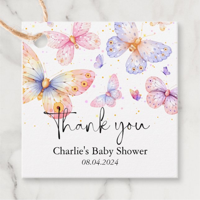 Rosa Lila Butterfly Girl Baby Shower Gåvor Etiketter (Framsida)