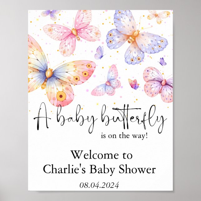 Rosa Lila Butterfly Girl Baby Shower Poster (Framsidan)