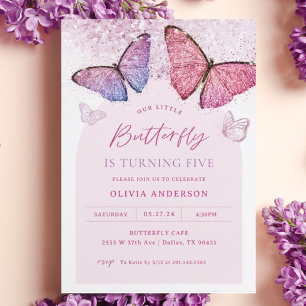 Rosa Lila Butterfly Girl Femte Födelsedagsfesten Inbjudningar
