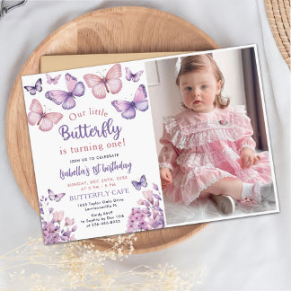 Rosa Lila Butterfly Girl First Birthday Photo Inbjudningar
