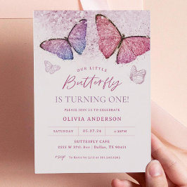 Rosa Lila Butterfly Girl First Födelsedagsfest Inbjudningar