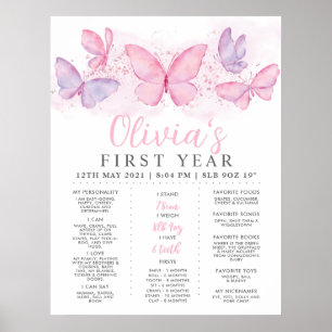 Rosa Lila Butterfly Girls 1:a födelsedagsmomsten Poster