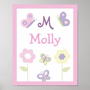 Rosa Lila Butterfly Nursery Wall Art Namn Skriv ut Poster