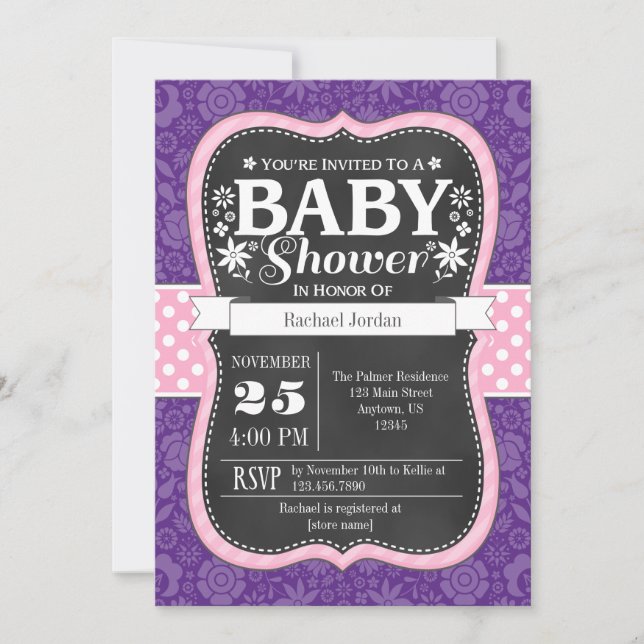 Rosa Lila Chalkboard Blommigt Baby Shower Inbjudan (Framsida)