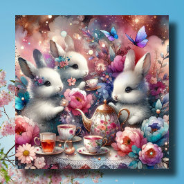 Rosa Lila Cute Bunny Påsk Tea Party Julkort
