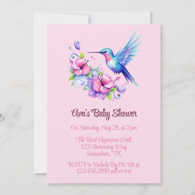 Rosa Lila Cute Hummingbird Baby Shower Inbjudningar (Framsida)