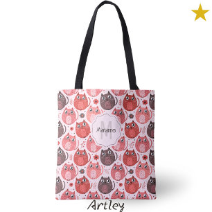 Rosa Lila Cute Tjock Cats Namn Monogram Tygkasse