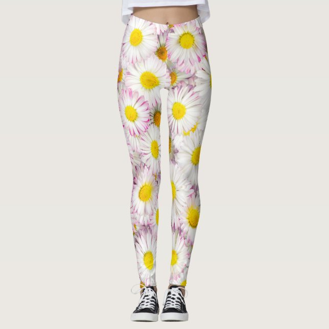 Rosa Lila Daisy Flower Mönster Leggings (Framsida)