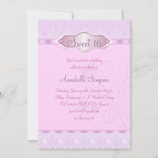 Rosa/Lila Damask & Swirl Sweet16 Inbjudan (Framsida)
