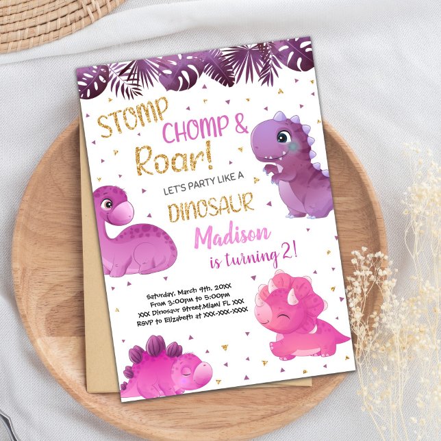 Rosa Lila Dinosaur Birthday-inbjudan Inbjudningar (Pink Purple Dinosaur Birthday Invitations)