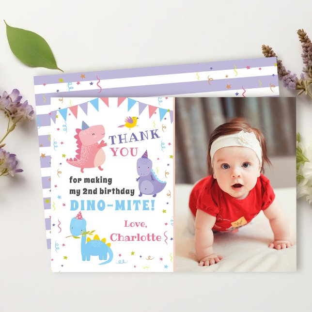 Rosa Lila Dinosaur Girls Dino Party Photo Tack Kort (Skapare uppladdad)