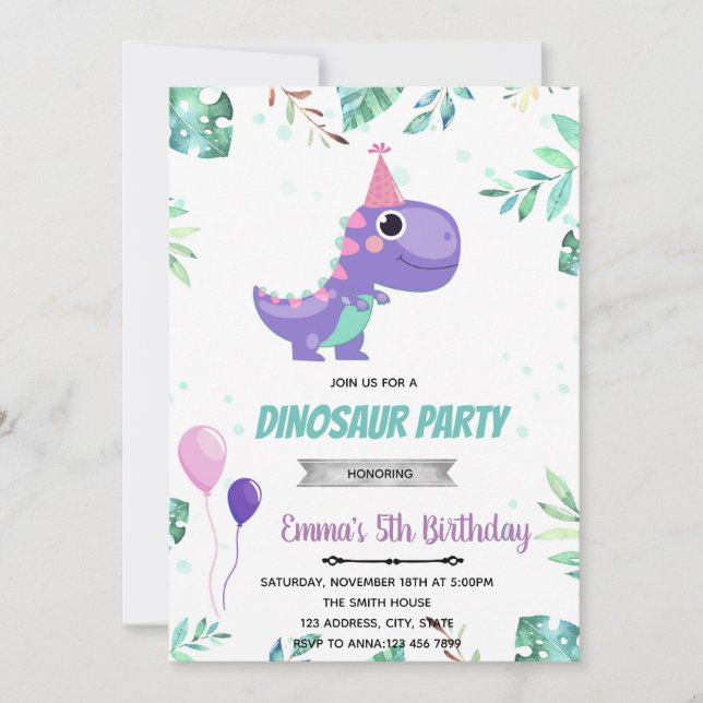 Rosa lila dinosaur party inbjudningar (Framsida)