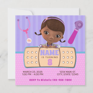 Rosa Lila Dok Stuffins Birthday Inbjudningar