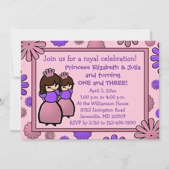 Rosa & Lila Dubbla Princess Birthday bjudande Inbjudningar (Framsida)