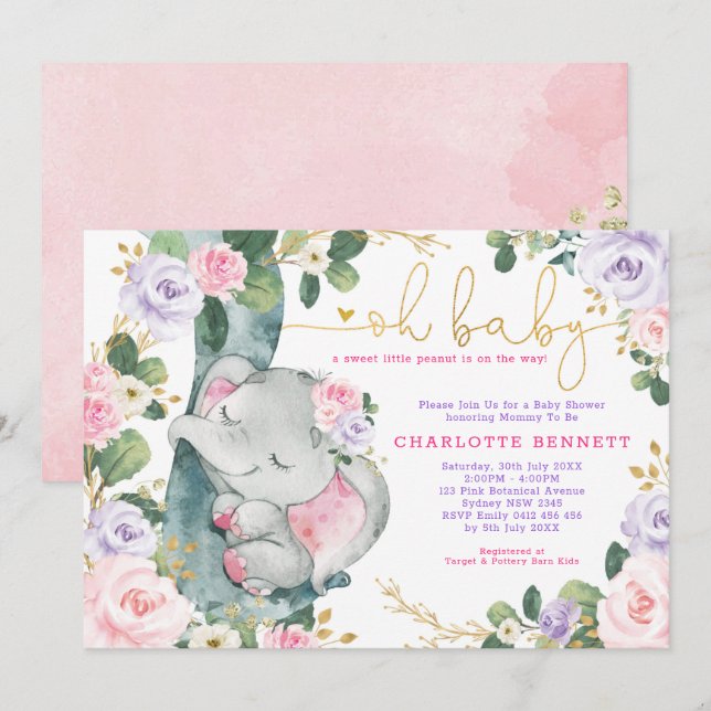 Rosa Lila Elephant Blommigt Girl Baby Shower Inbjudningar (Fram/baksida)
