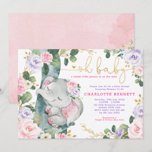 Rosa Lila Elephant Blommigt Girl Baby Shower Inbjudningar