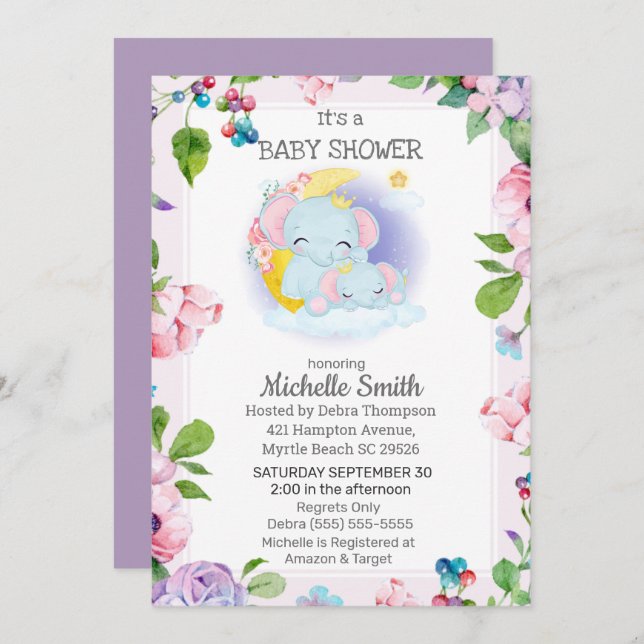 Rosa Lila Elephant Blommigt Mamma Baby Shower Inbjudningar (Fram/baksida)