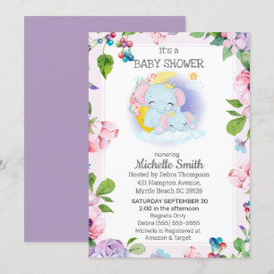 Rosa Lila Elephant Blommigt Mamma Baby Shower Inbjudningar