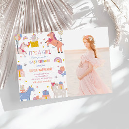 Rosa Lila Enhörning Magisk Flicka Bebis Bads Foto Inbjudningar