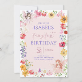 Rosa Lila Fairy First Birday Inbjudningar