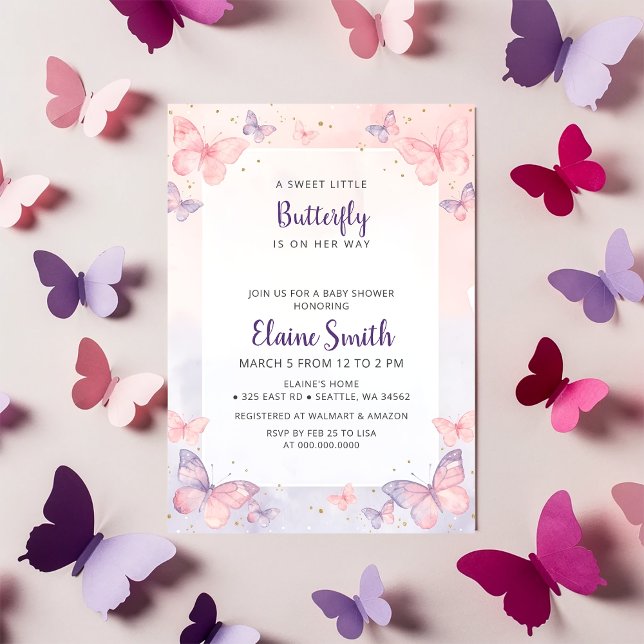 Rosa lila fjäril baby shower inbjudningar (Pink Purple Butterfly Baby Shower Invitation)