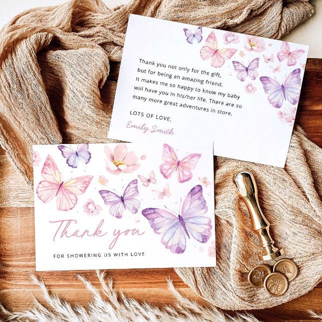Rosa Lila Fjäril Baby Shower Tacksamhetskort Tack Kort (Pink Purple Butterfly Baby Shower Thank You Card, Watercolor Floral Baby Girl Shower Stationery)