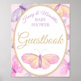 Rosa & Lila Fjäril Bebis Shower Gästbokssköld Poster