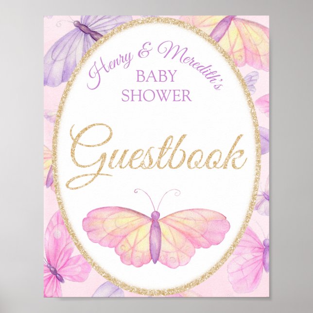 Rosa & Lila Fjäril Bebis Shower Gästbokssköld Poster (Framsidan)