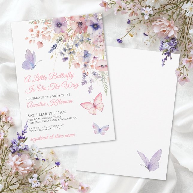 Rosa Lila Fjäril Blommig Baby Shower Inbjudningar (A Little Butterfly Wildflower Baby Shower Invitation)