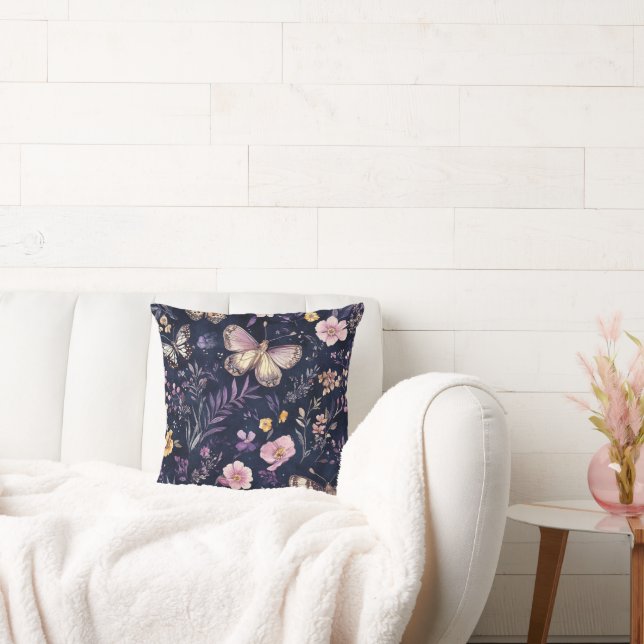 Rosa Lila Fjärilar Blommor Kudde (Soffa)