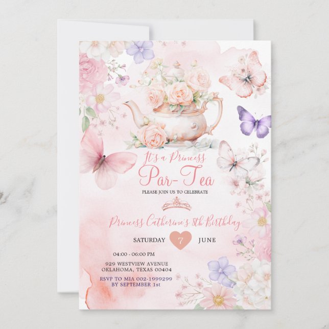 Rosa lila fjärils prinsessa ParTea födelsedag  Inbjudningar (Framsida)