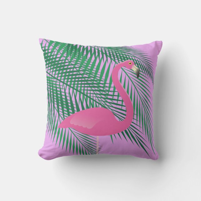 Rosa & Lila Flamingo och Handflatan Löv - utomhus Utomhuskudde (Framsida)