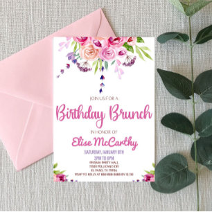 Rosa Lila Flower Blommigt Birthday Brunch Party Inbjudningar